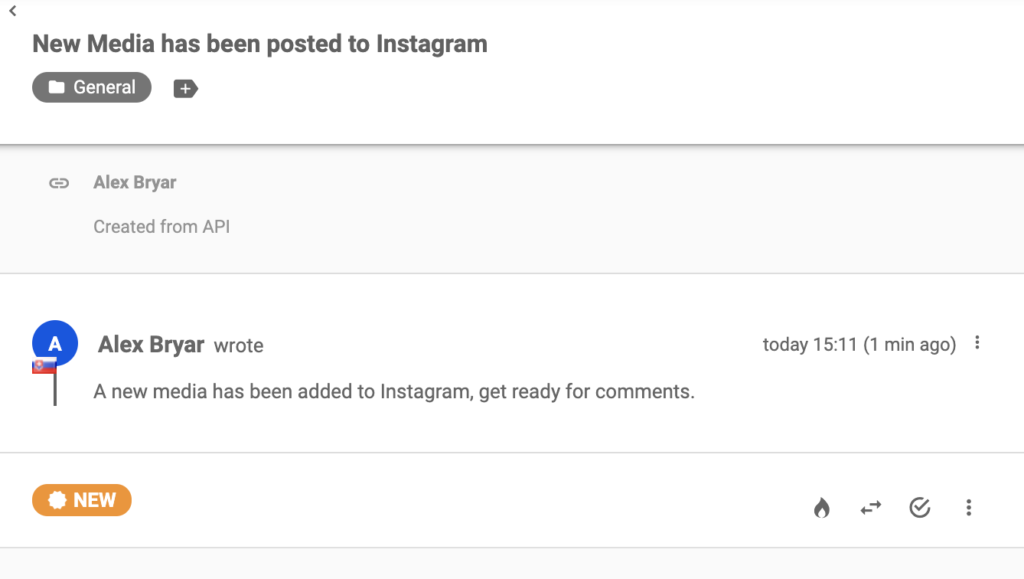 Сообщение о новой публикации Instagram в системе управления тикетами LiveAgent