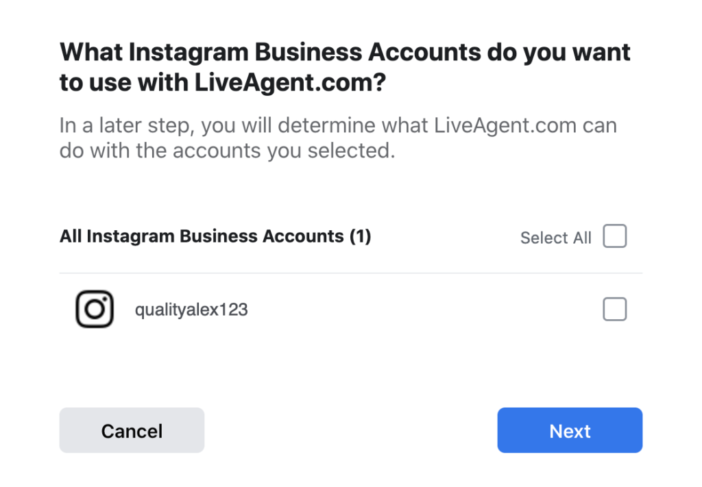 Выберите аккаунт Instagram, который вы хотите интегрировать