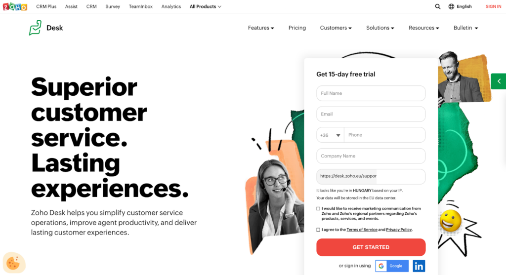 Zoho Desk pieteikumu apstrādes sistēmas mājaslapa