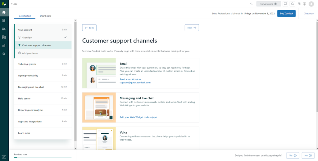 Zendesk Suite dashboard get started