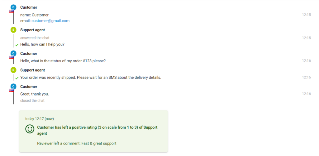 The image shows the interaction between a customer and a support agent, where the agent can see the rating at the end of the message.
