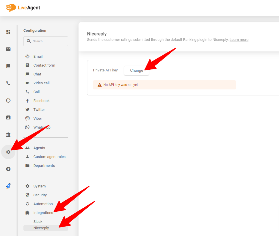 The image shows where to place the generated API key in your LiveAgent account.