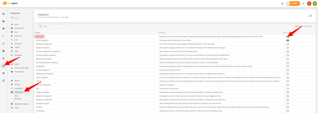The process of enabling the integration with Nicereply in the LiveAgent settings.
