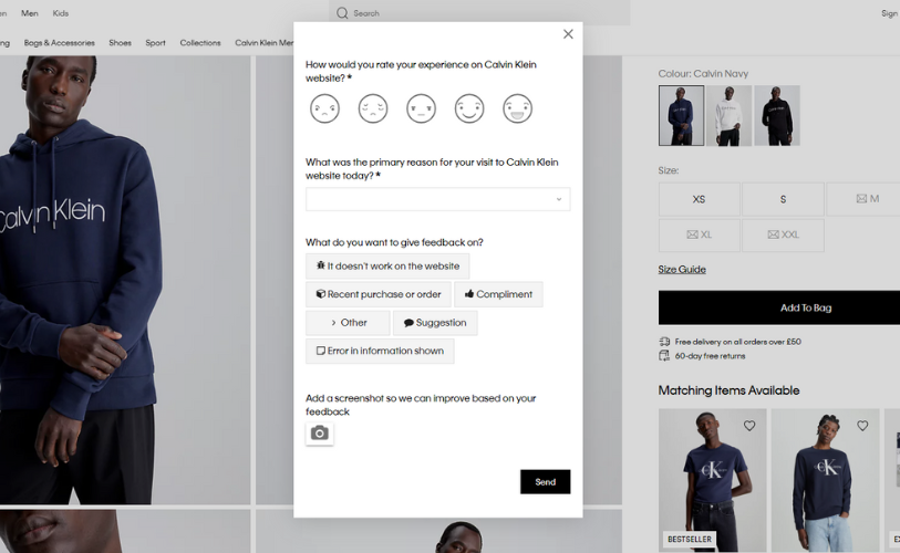 The pop-up survey on Calvin Klein's website aims to gather information about the browsing experience on their site.